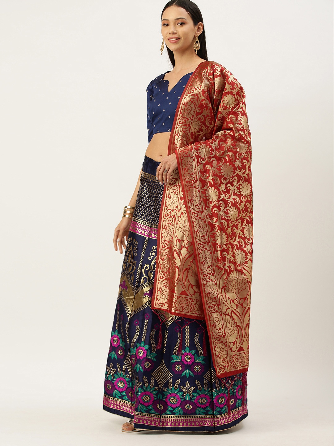 

Mameraa Navy Blue & Red Woven Design Semi-Stitched Lehenga Choli