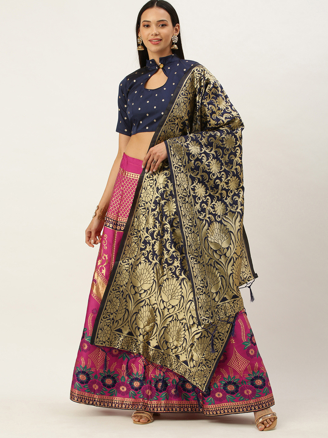 

Mameraa Pink & Blue Semi-Stitched Lehenga & Unstitched Blouse With Dupatta