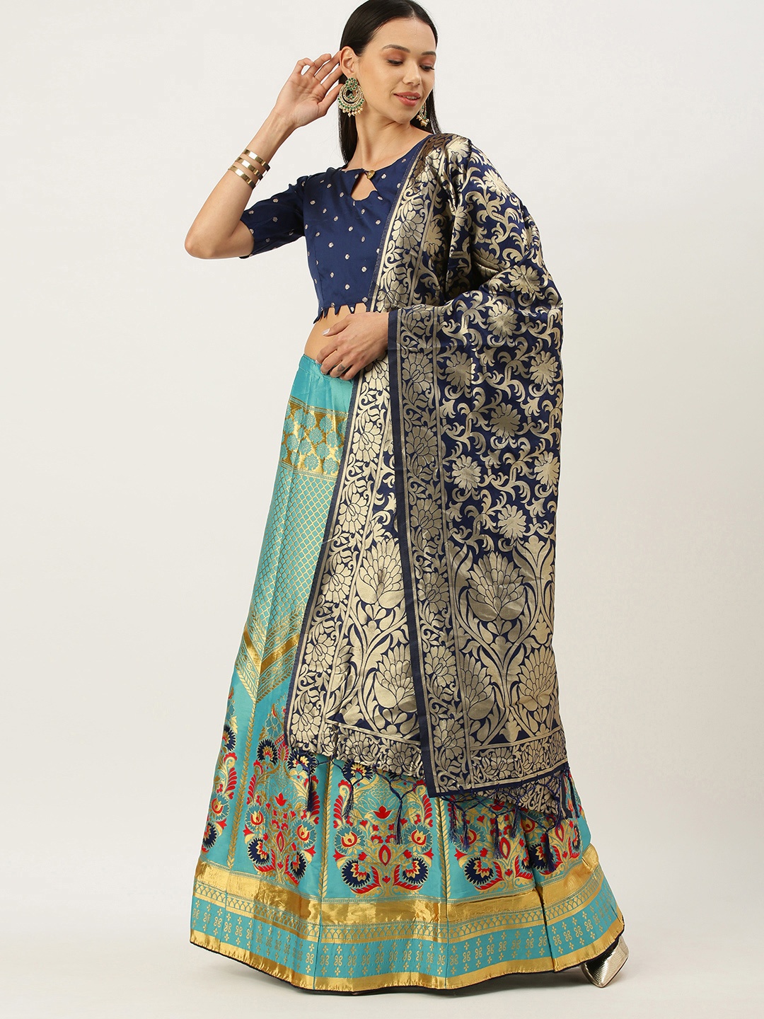 

Mameraa Turquoise Blue & Golden Semi-Stitched Lehenga & Unstitched Blouse With Dupatta