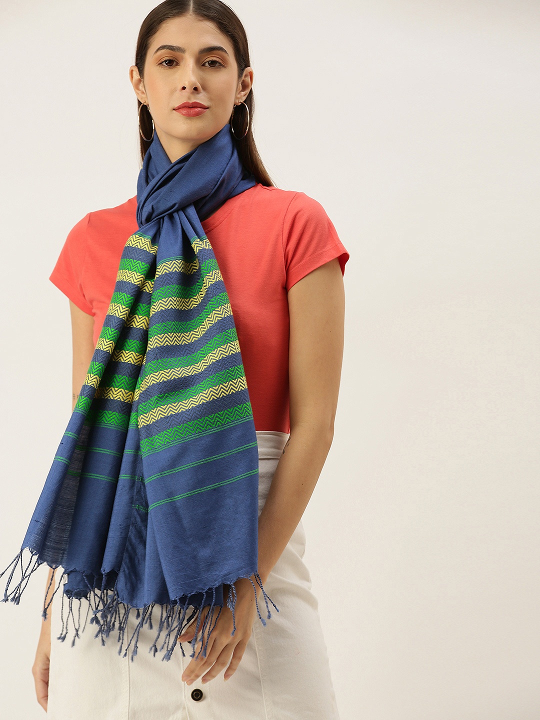 

ArtEastri Women Blue & Yellow Striped Pure Ahimsa Silk Handloom Stole