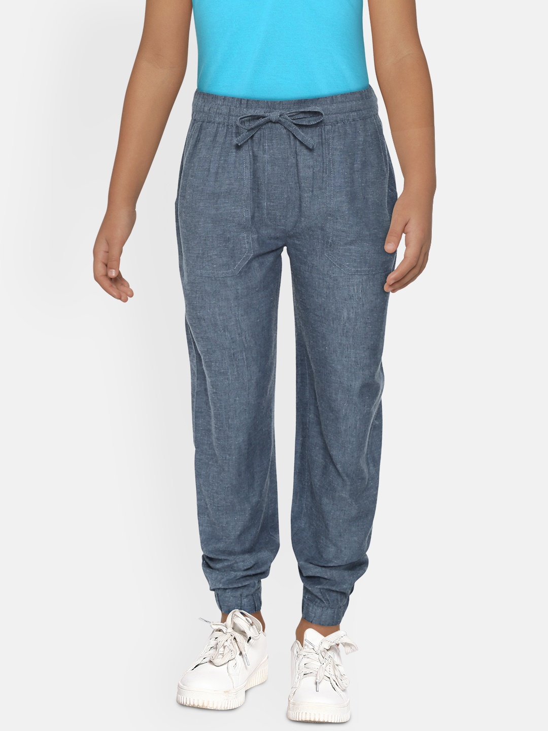 

luyk Girls Blue Cotton Solid Woven Joggers