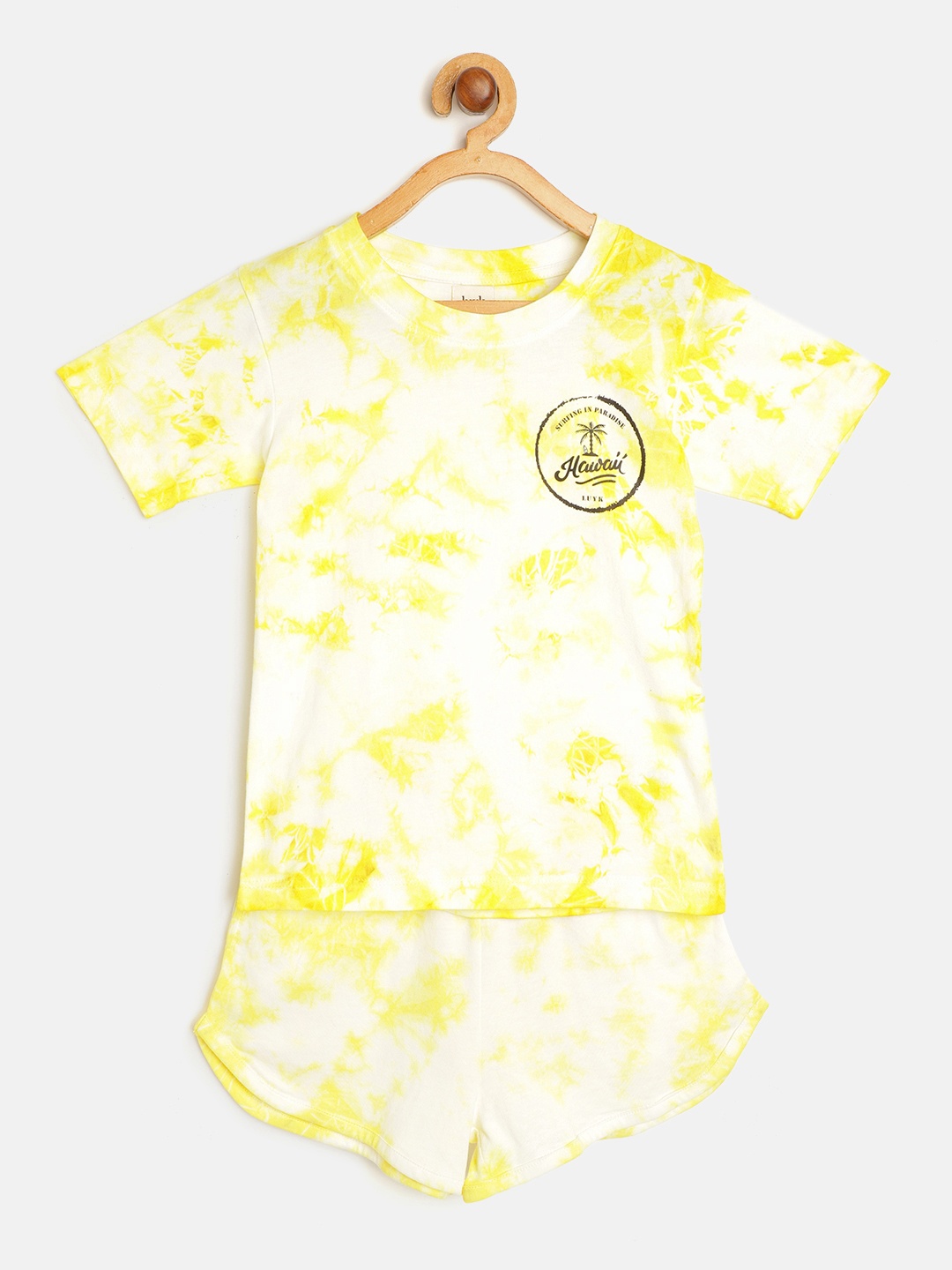 

luyk Girls Yellow & White Tie & Dyed Pure Cotton T-shirt with Shorts