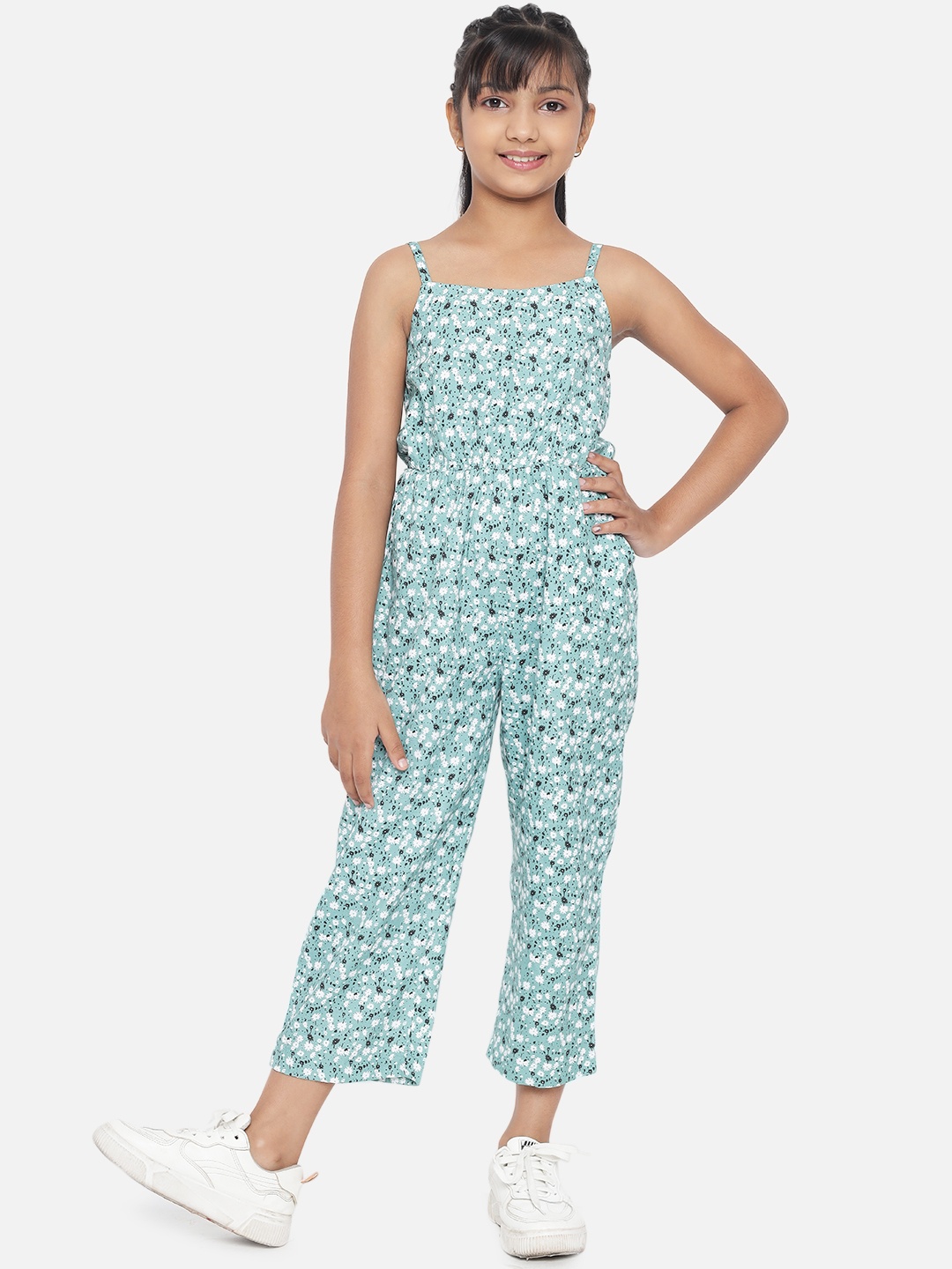 

luyk Girls Green & White Pure Cotton Ditsy Floral Printed Basic Jumpsuit