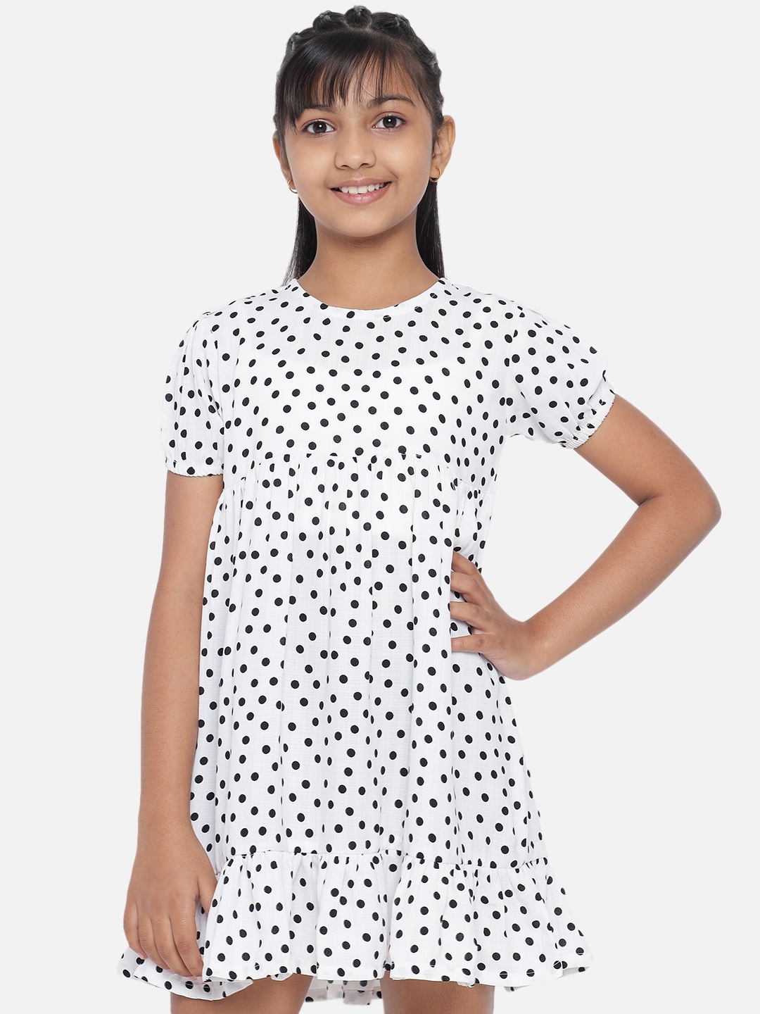 

luyk Girls White & Black Polka Dots Printed A-Line Dress