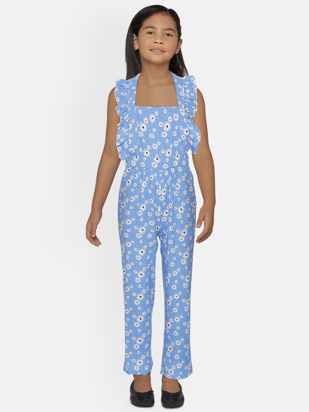 

luyk Girls Blue & White Pure Cotton Floral Printed Dungarees