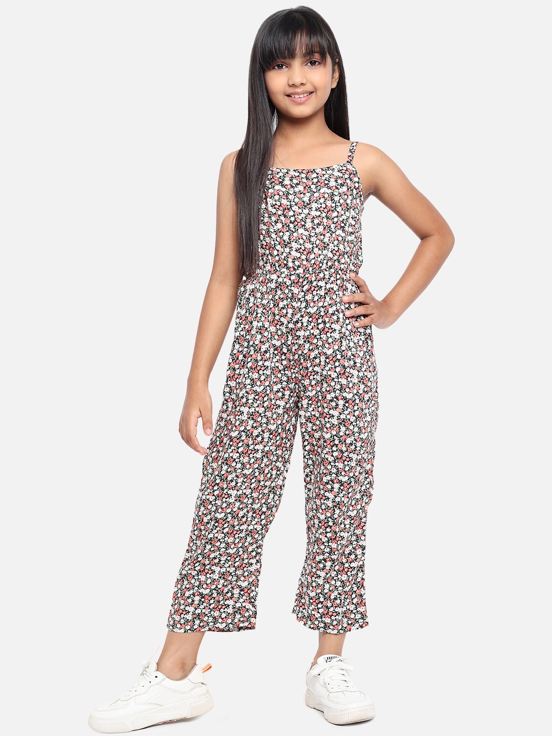 

luyk Girls Black & Pink Ditsy Floral Printed Basic Jumpsuit