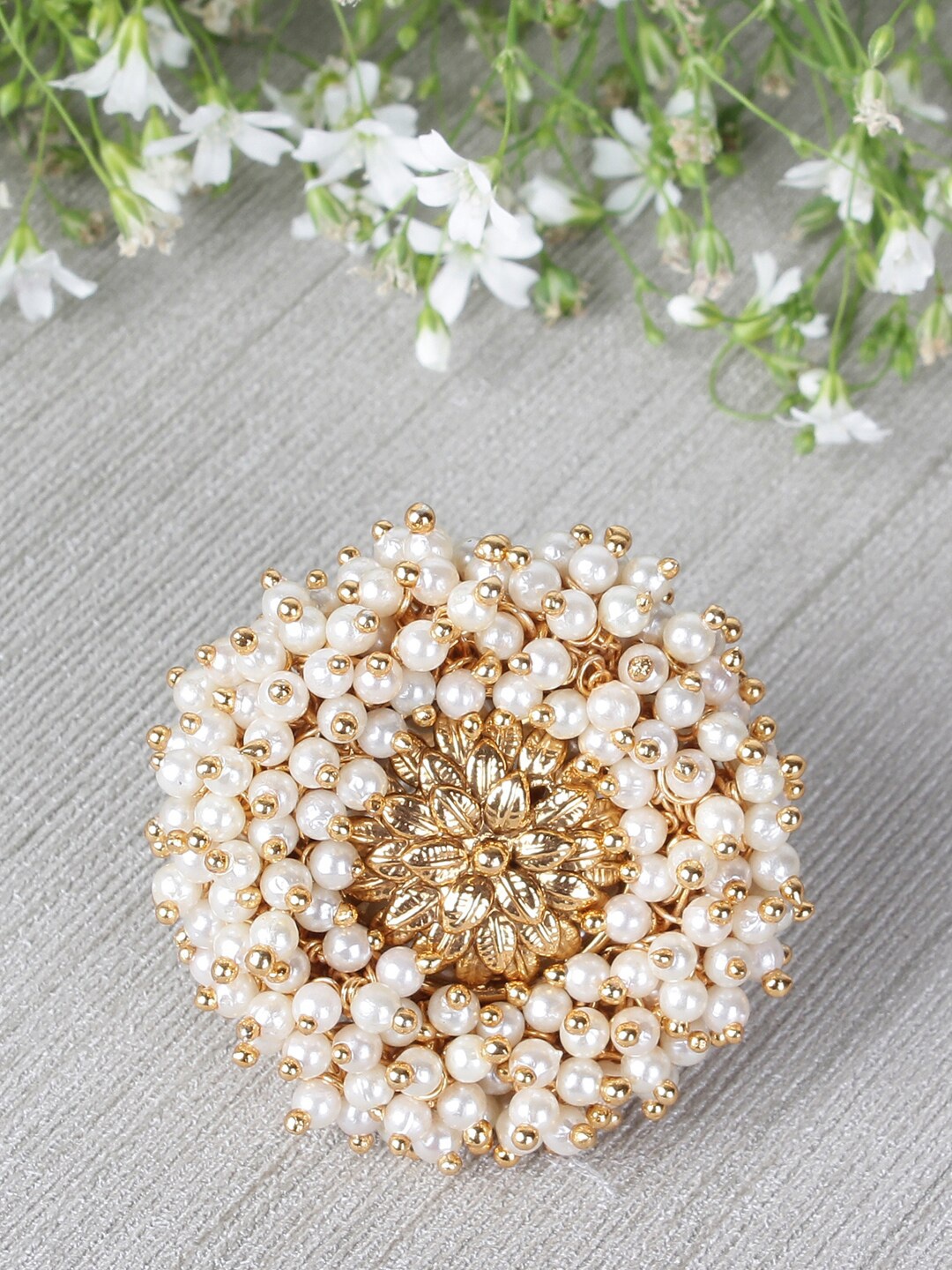 

Shining Diva Gold-Plated & White Pearl Beaded Adjustable Finger Ring