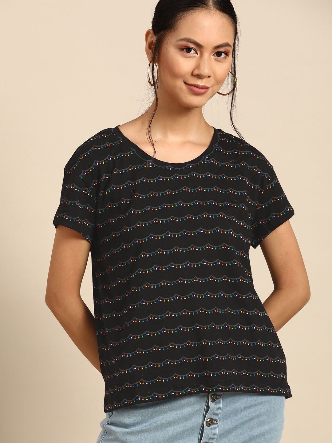 

United Colors of Benetton Women Black & Yellow Pure Cotton Striped T-shirt