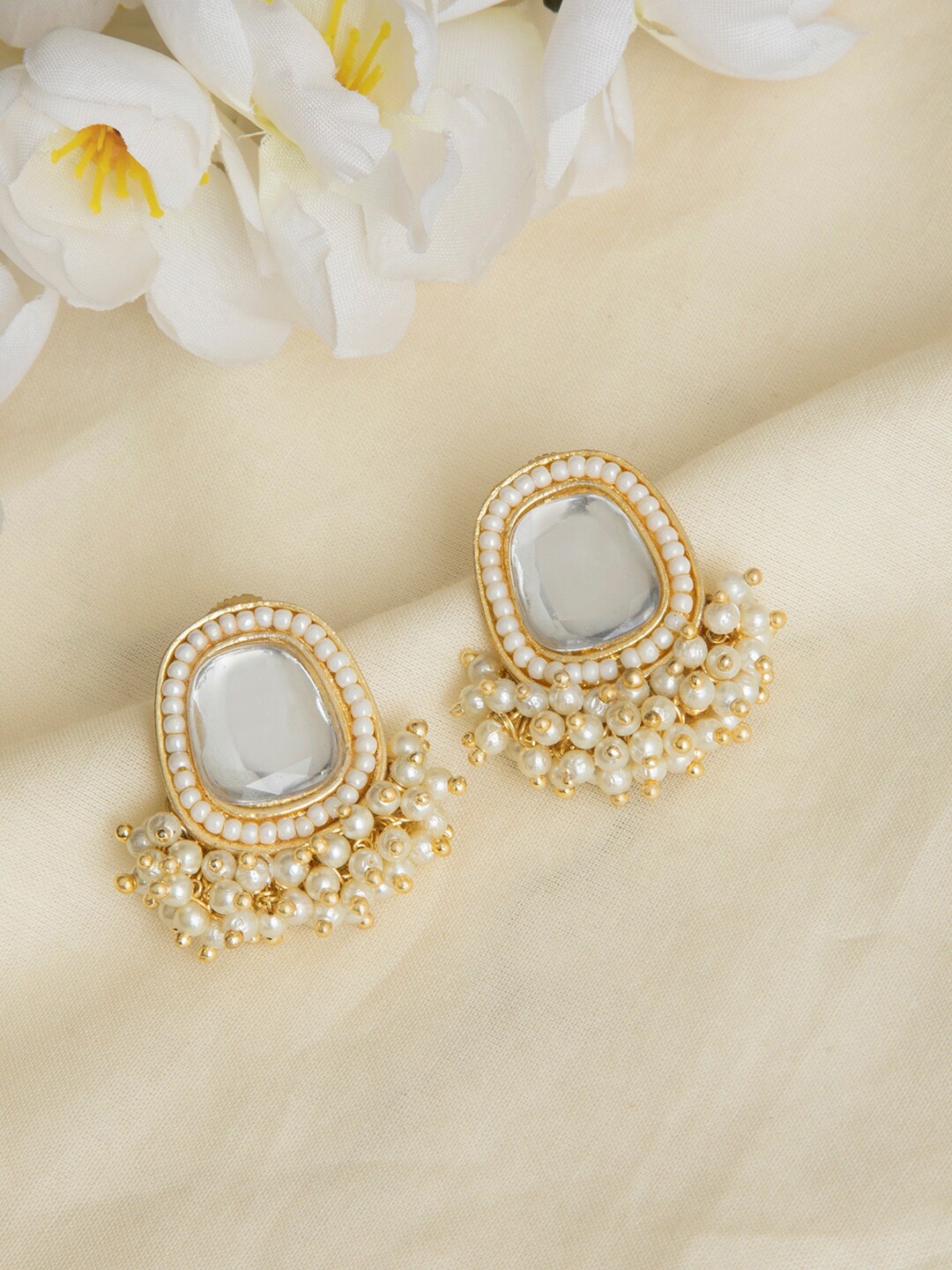 

INDYA Gold-Toned White Stone Studded & Pearl Beaded Contemporary Stud Earrings