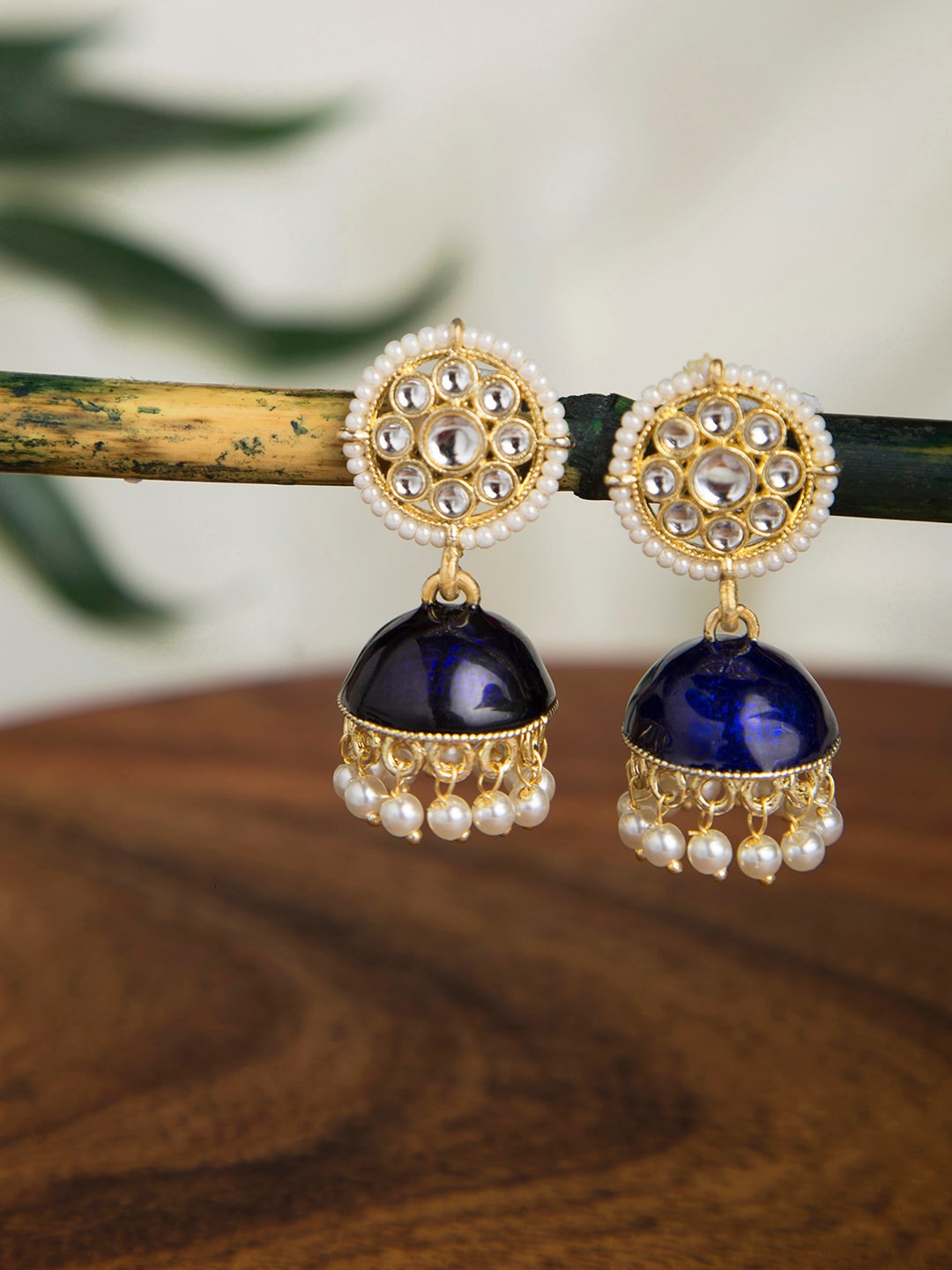 

INDYA Gold-Plated & Navy Blue Dome Shaped Jhumkas Earrings