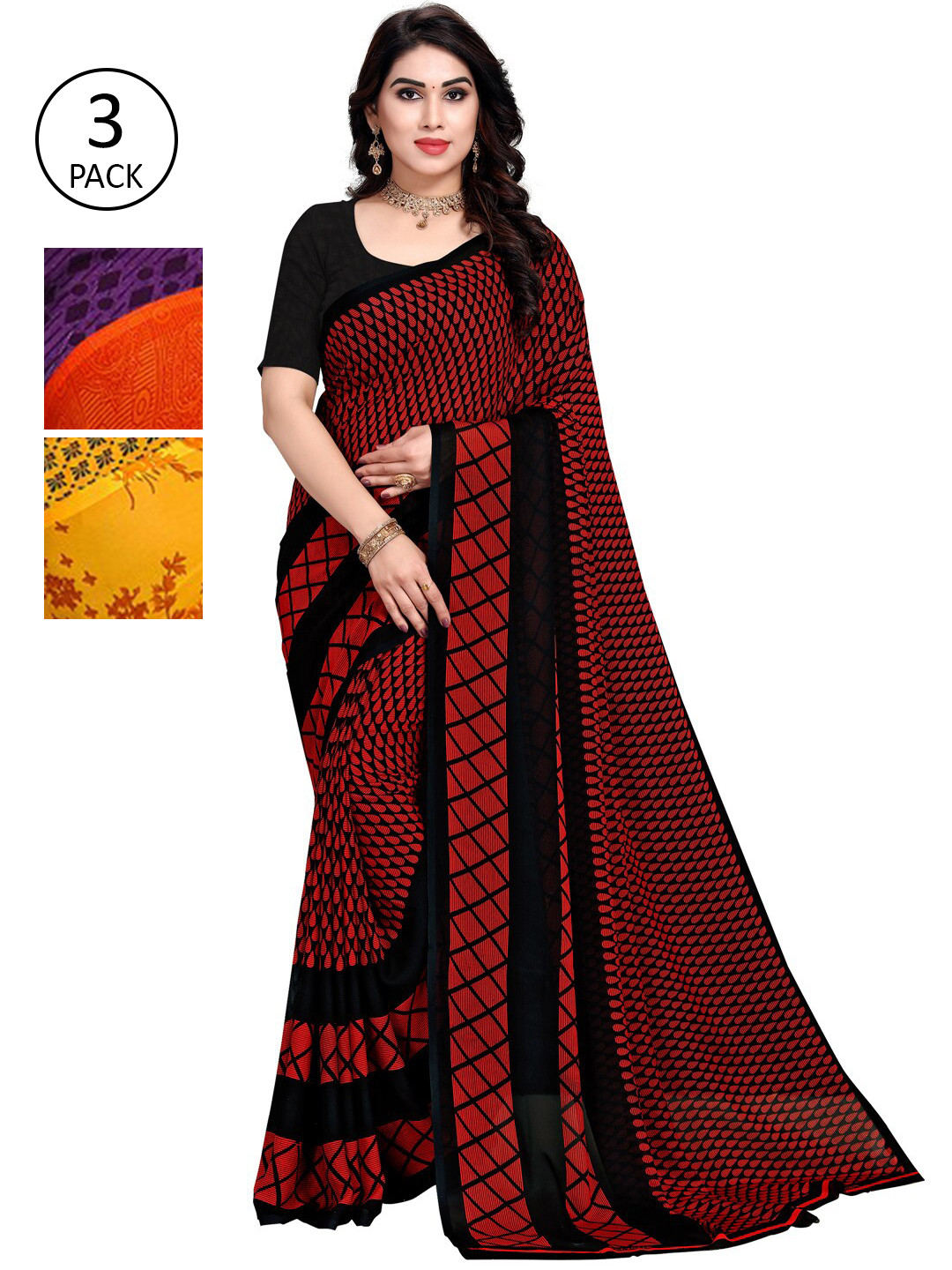 

KALINI Women Pack of 3 Printed Saree, Red