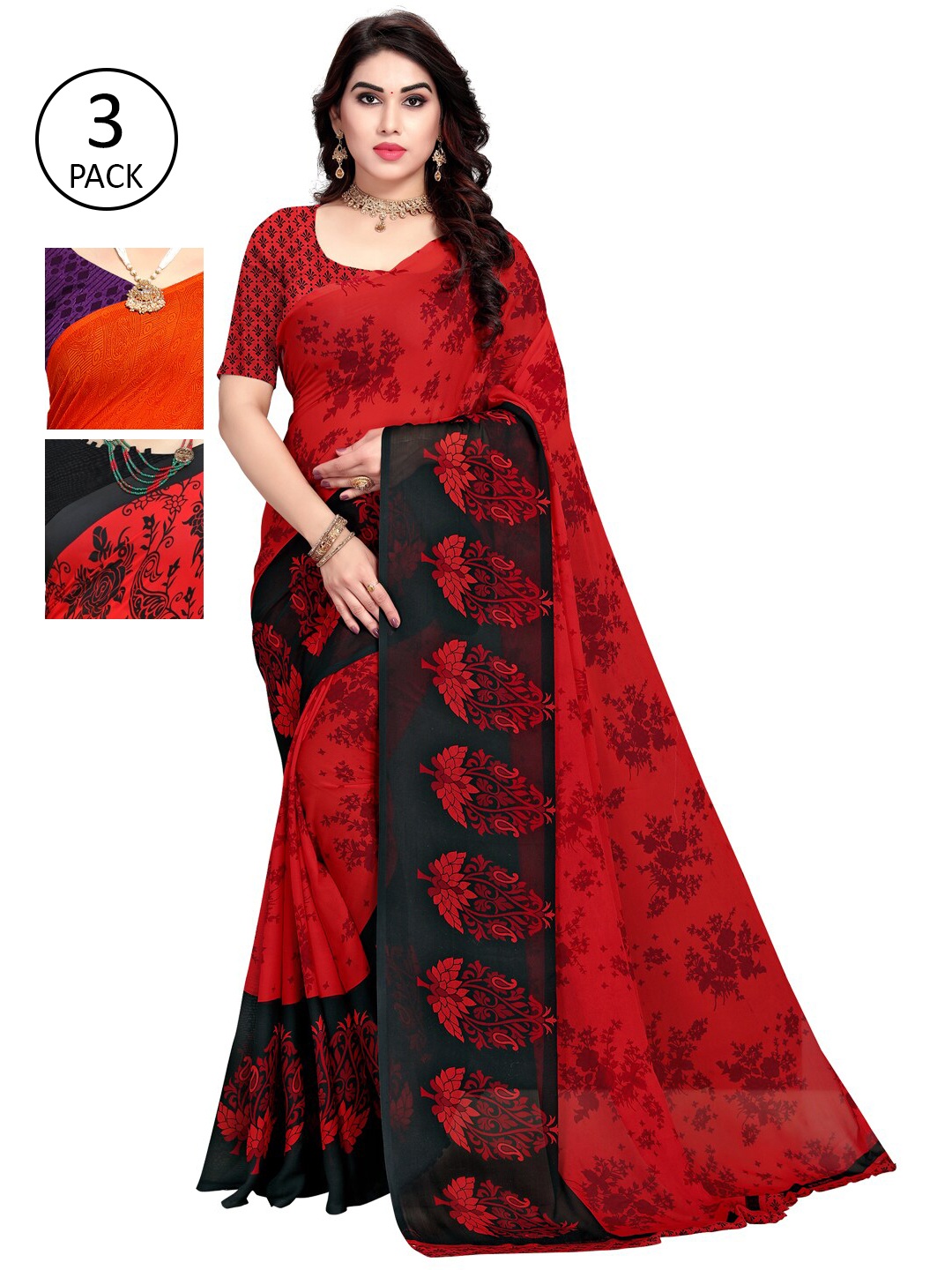 

KALINI Pack of 3 Printed Georgette Sarees, Red