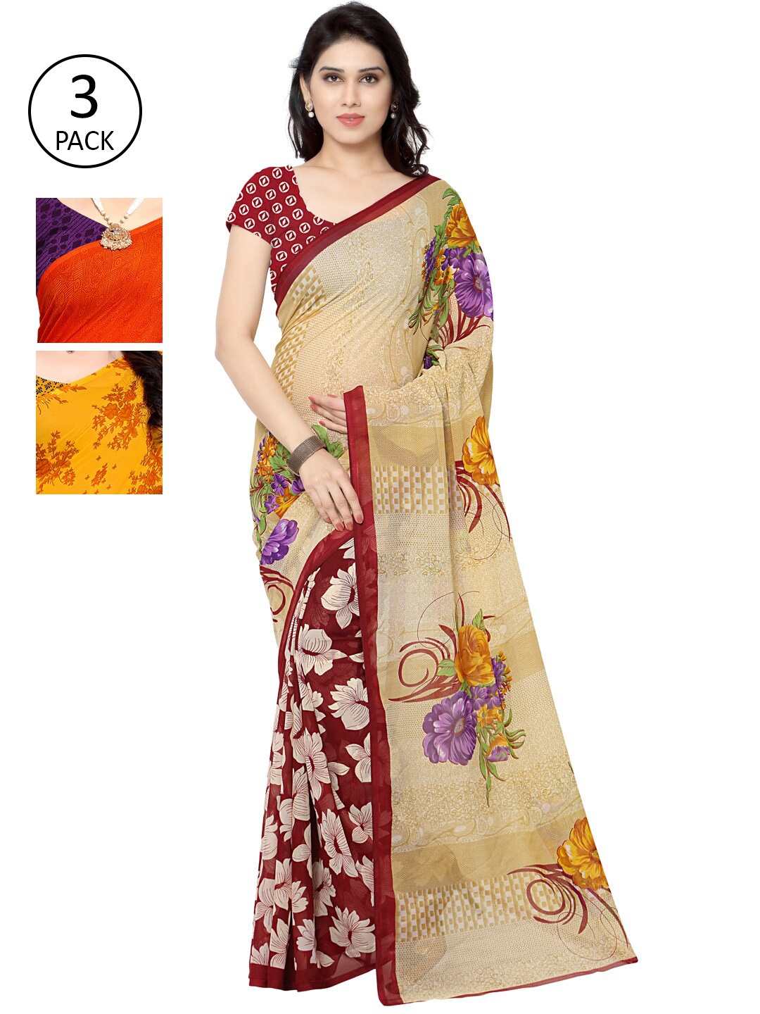 

KALINI Women Pack of 3 Printed Saree, Orange