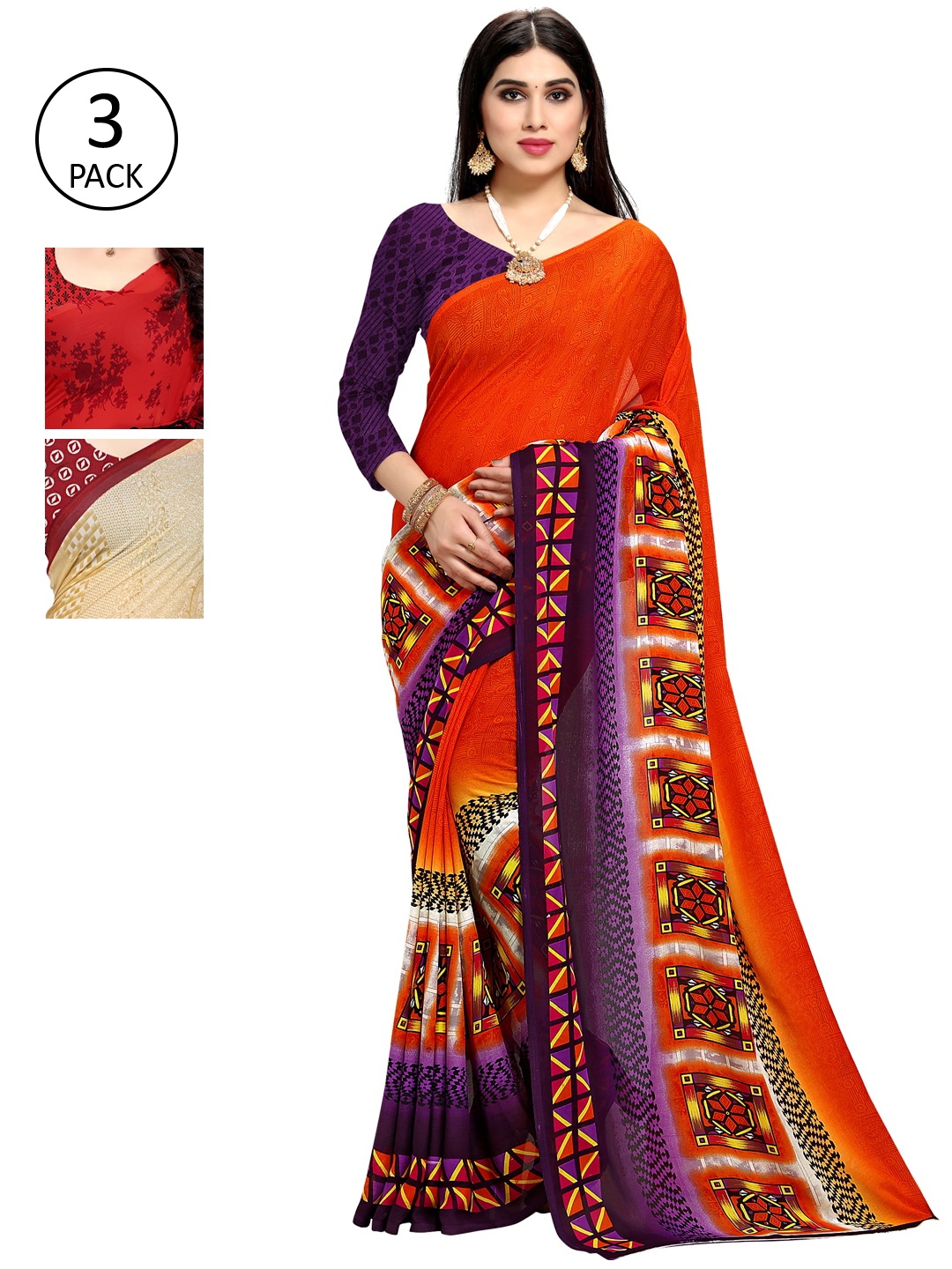 

KALINI Women Multi Printed Pack of 3 Poly Georgette Sarees