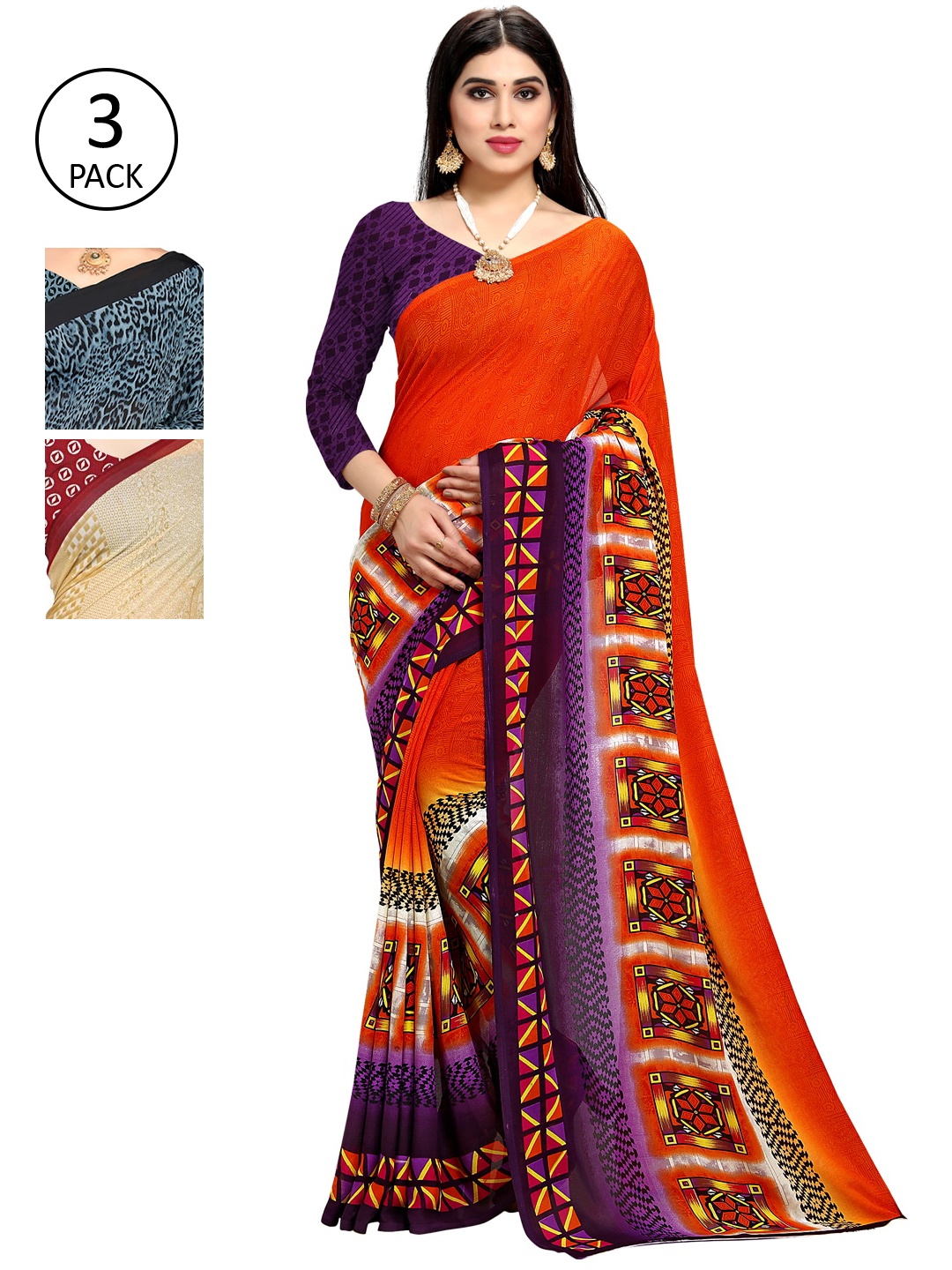 

KALINI Pack Of 3 Printed Sarees, Blue