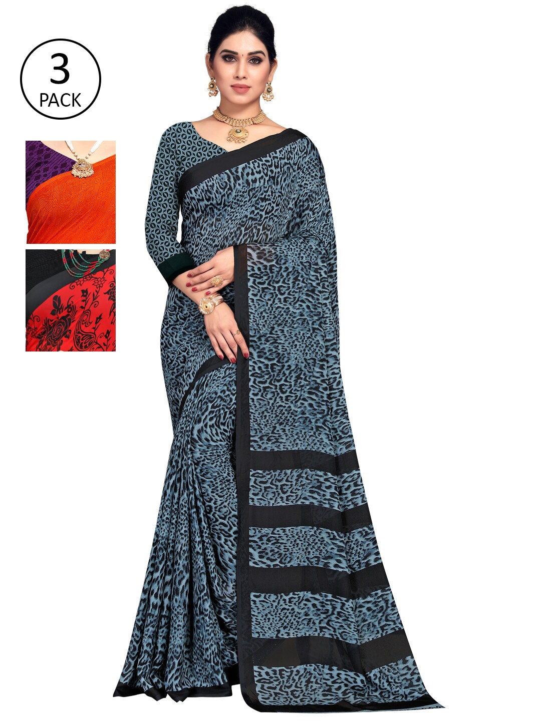 

KALINI Pack of 3 Printed Georgette Sarees, Blue