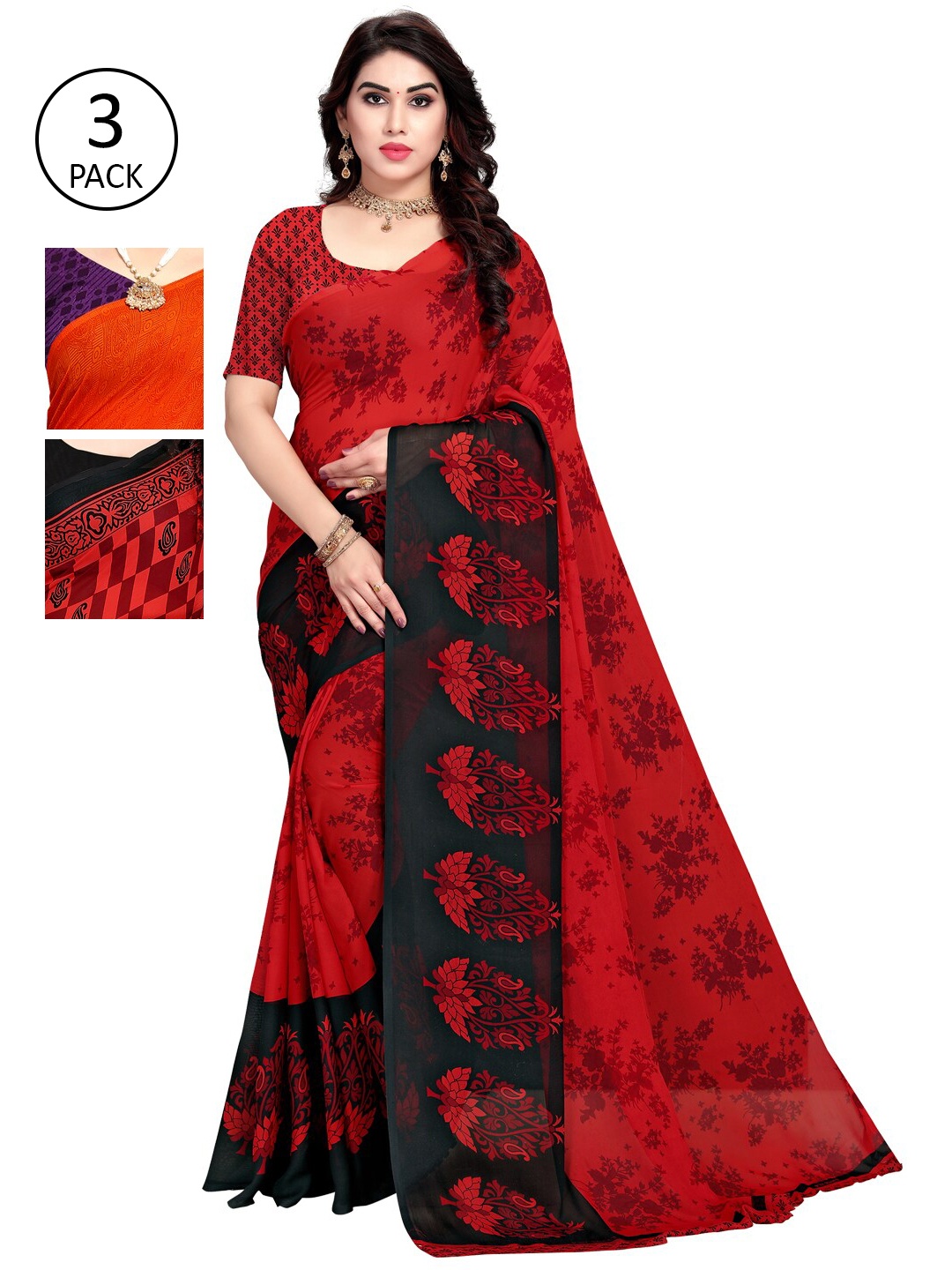 

KALINI Pack of 3 Red & Black Printed Poly Georgette Sarees