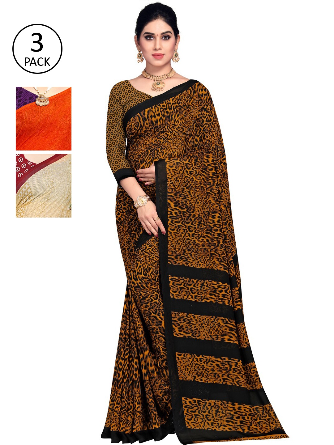 

KALINI Pack of 3 Brown & Black Printed Poly Georgette Sarees