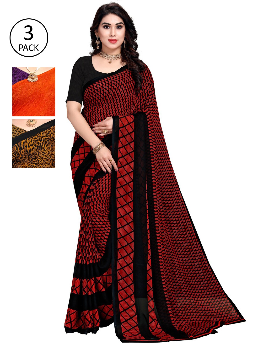 

KALINI Pack Of 3 Maroon & Orange Saree