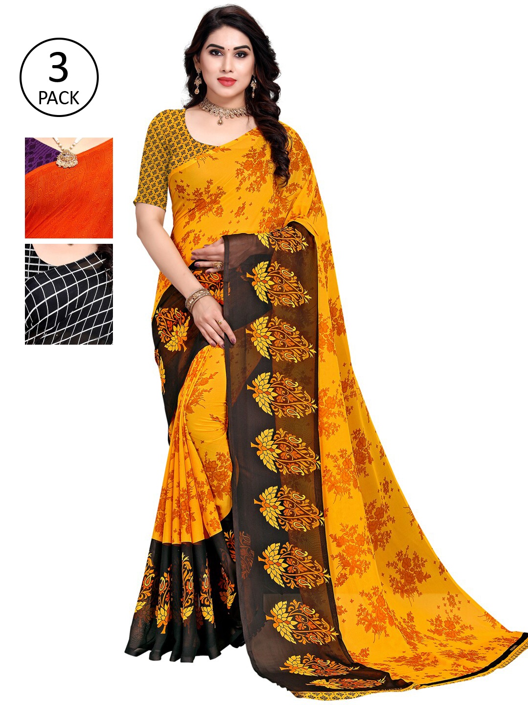 

KALINI Pack of 3 Yello & Black Printed Poly Georgette Sarees, Yellow