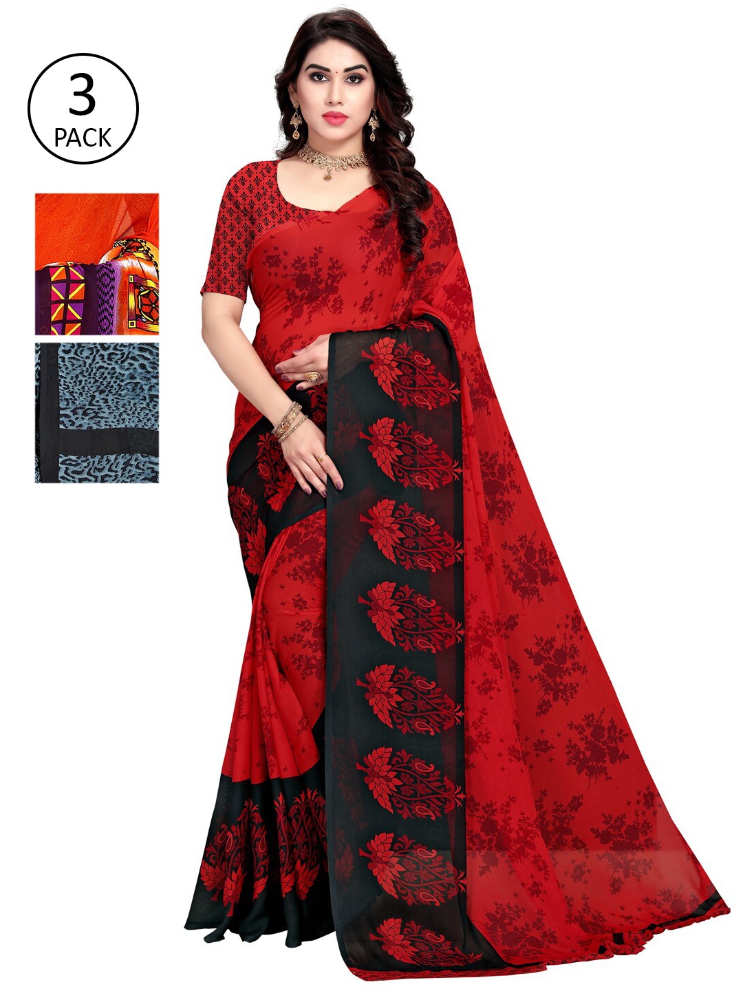 

KALINI Red & Orange Pack of 3 Saree