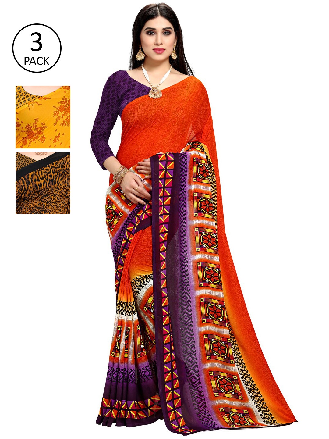 

KALINI Orange & Yellow Pack of 3 Saree