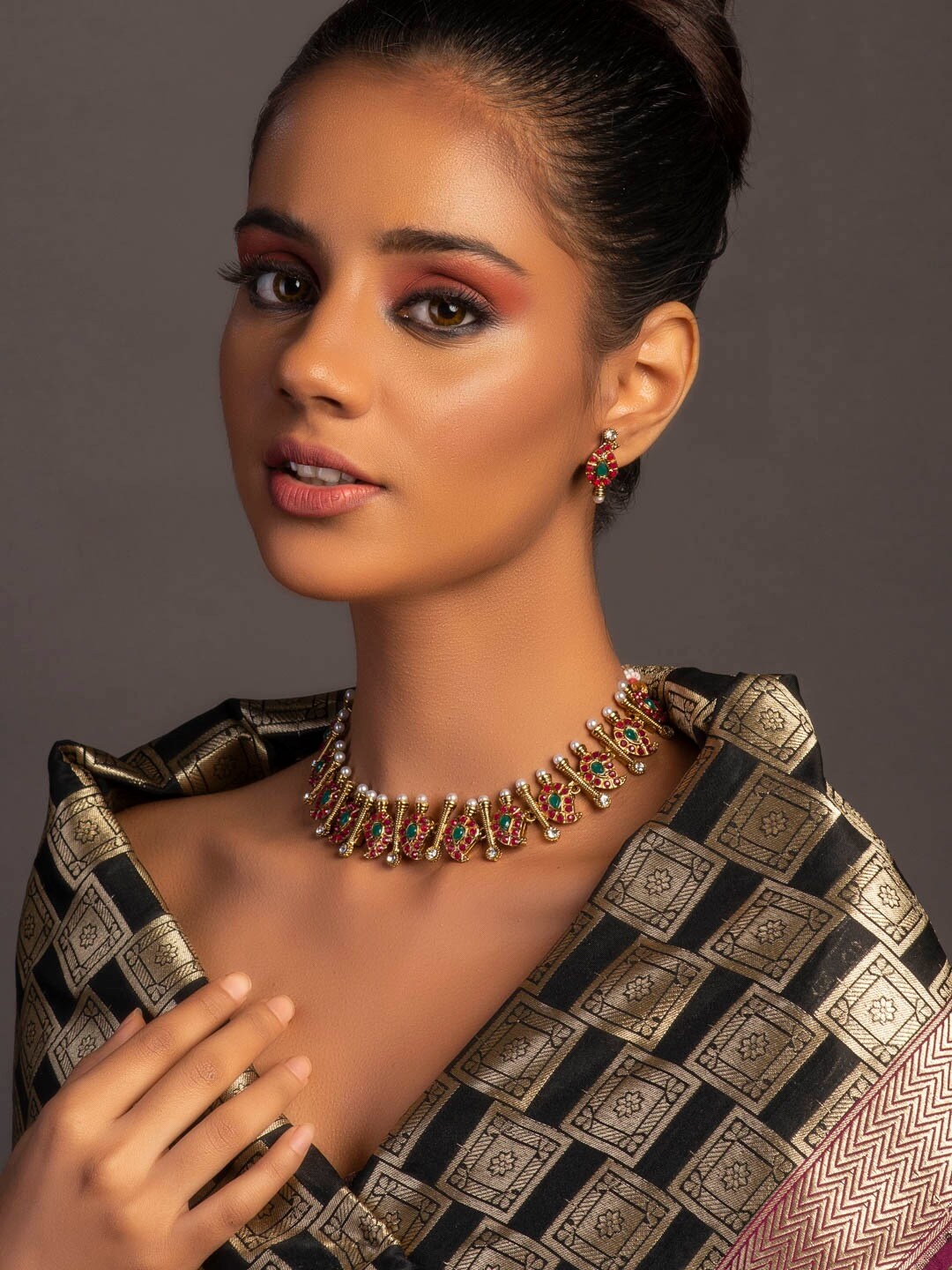 

Fida Gold-Plated Fuchsia-Pink & Green Stone-Studded & Beaded Temple Jewellery Set