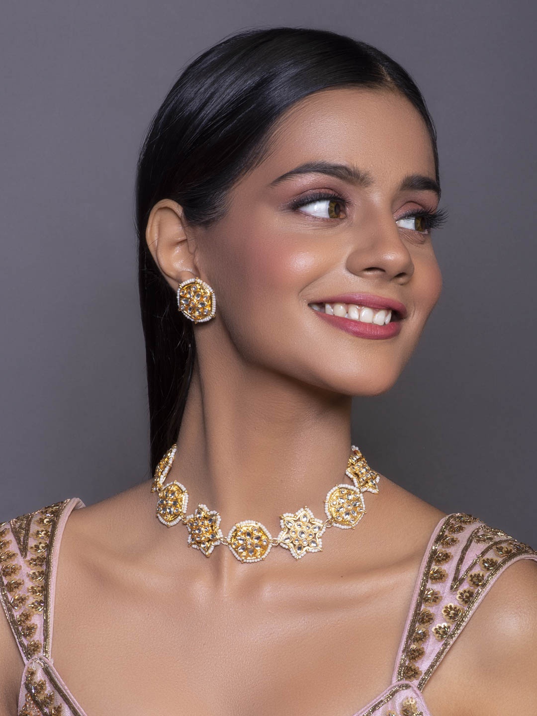 

Fida Gold-Plated White Kundan-Studded & Pearl Beaded Handmade Jewellery Set