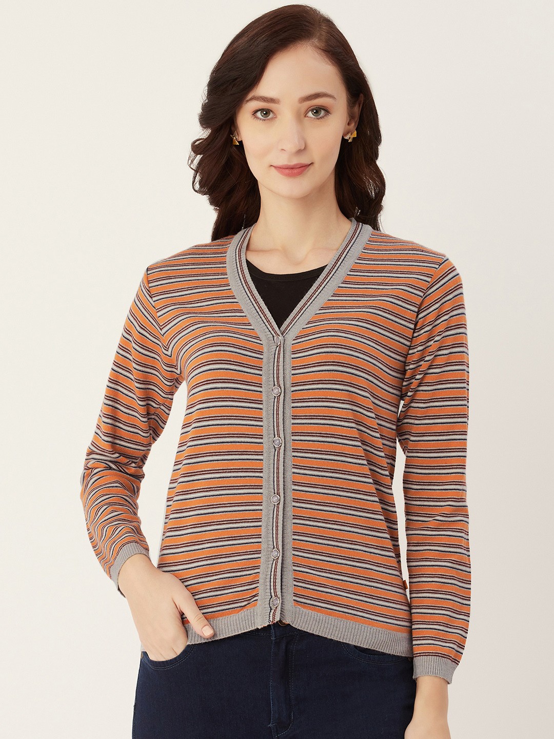 

Monte Carlo Women Rust Orange & Grey Striped Cardigan