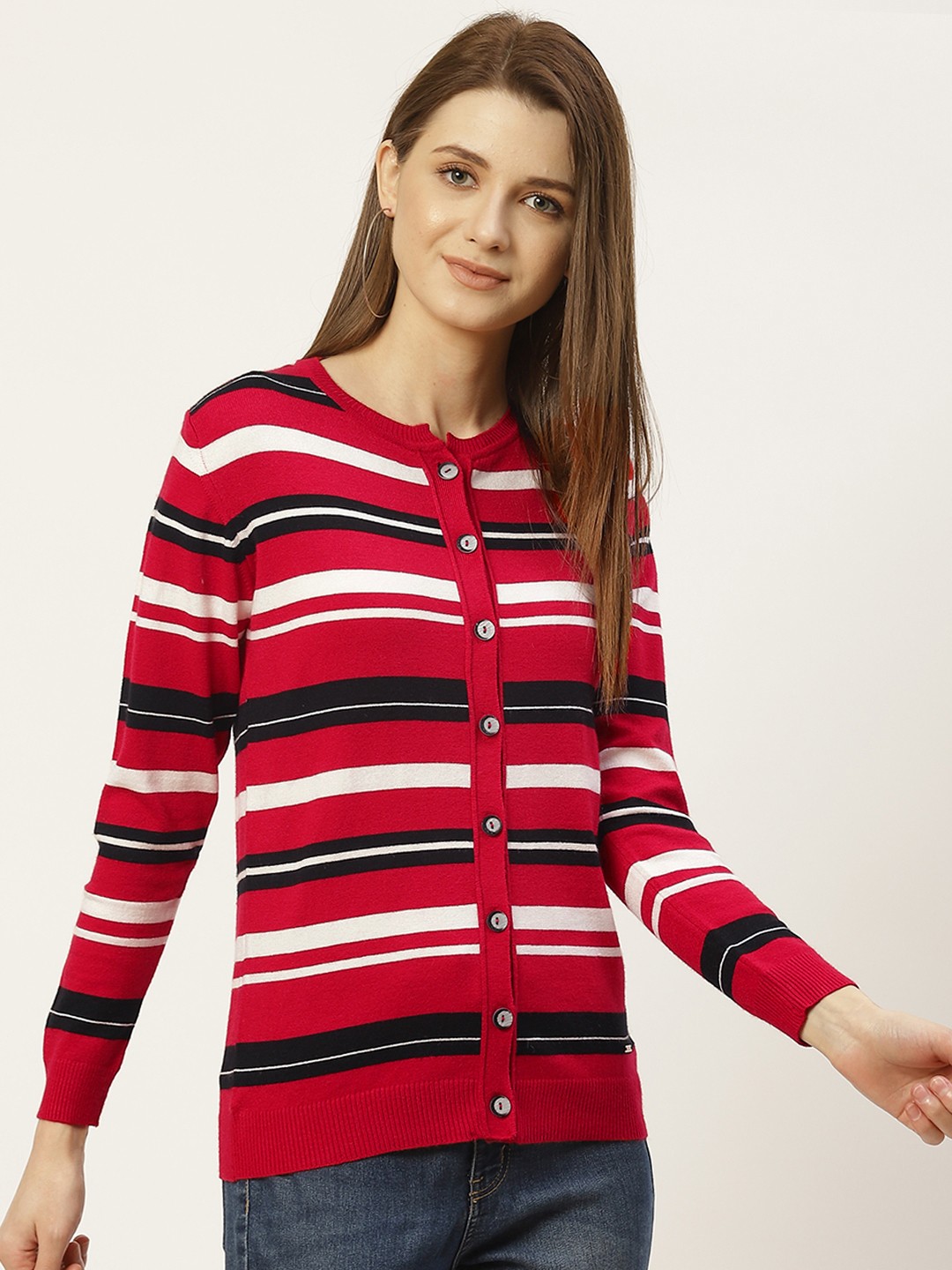 

Monte Carlo Women Red & White Striped Cardigan