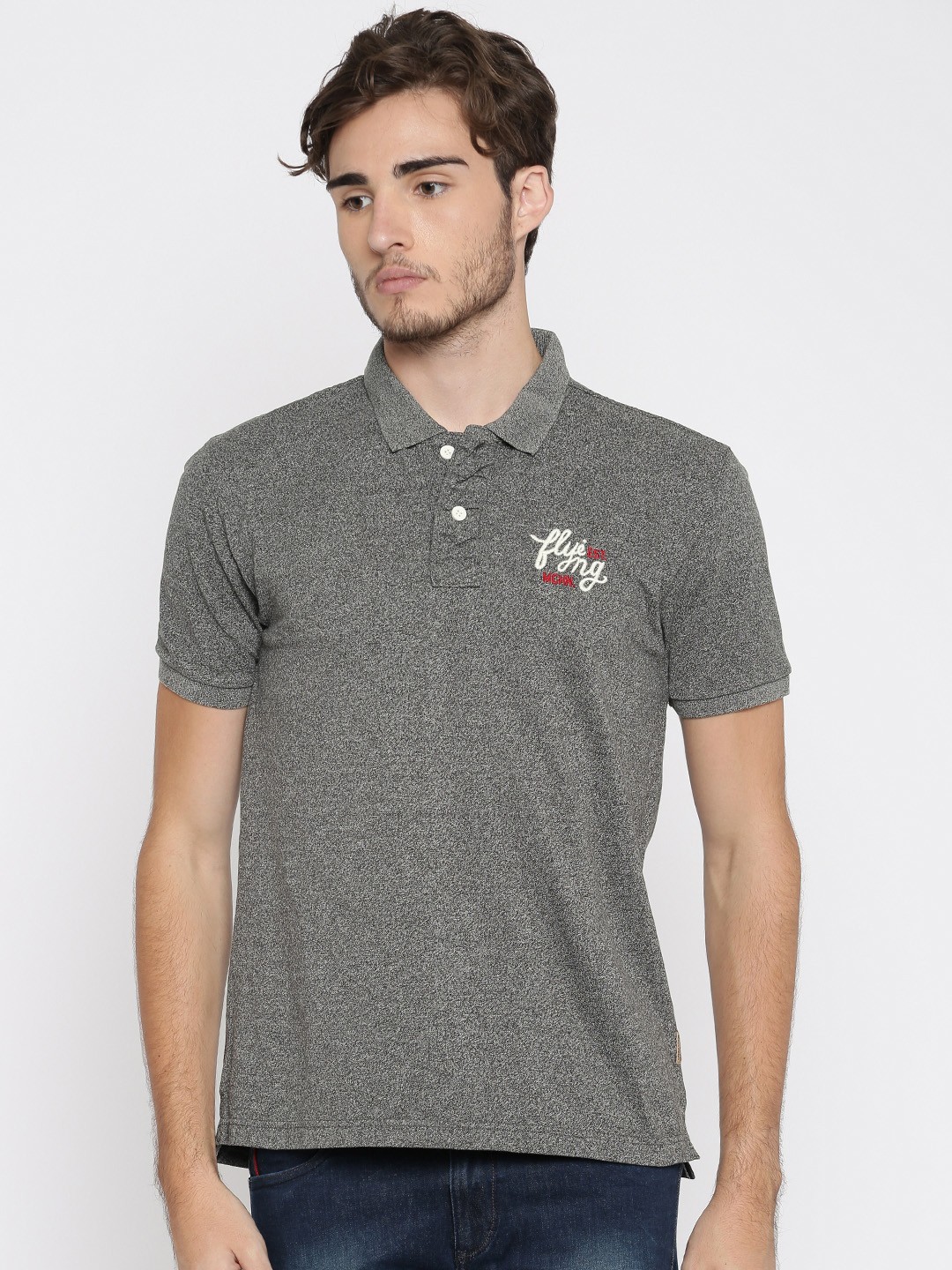 

Flying Machine Men Grey Melange Polo T-shirt