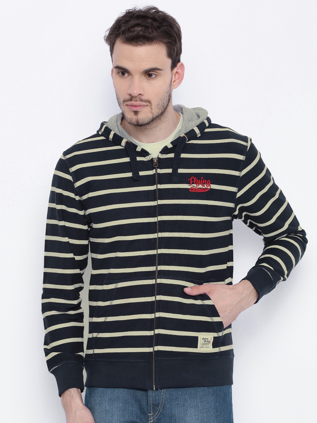 

Flying Machine Navy & Off-White Striped Hooded Sweatshirt, Navy blue