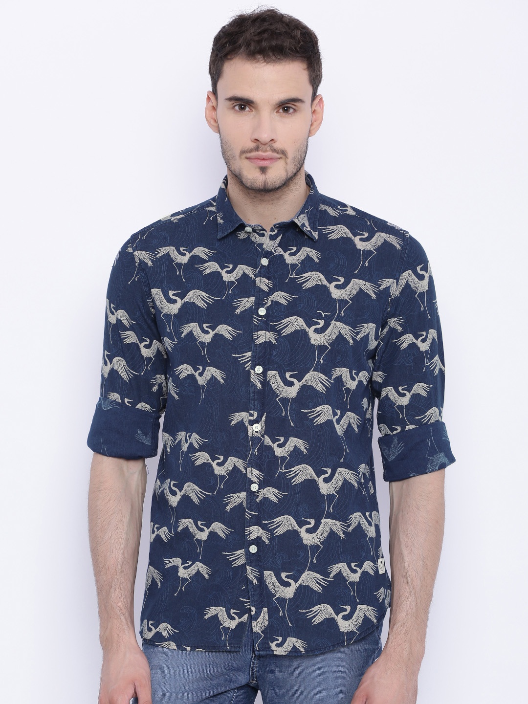 

Flying Machine Men Navy Blue Regular Fit Printed Casual Shirt