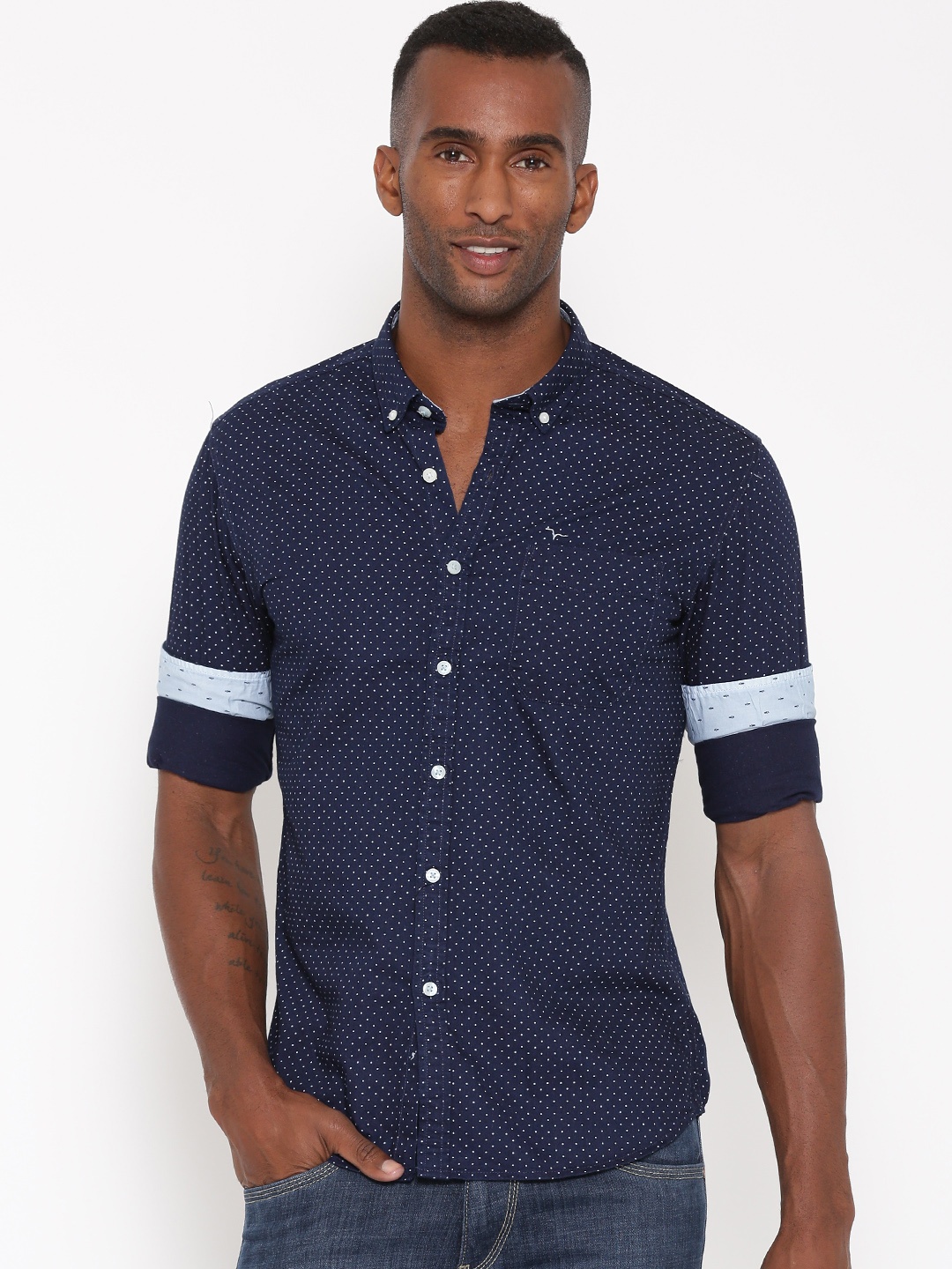 

Flying Machine Men Navy Regular Fit Printed Casual Shirt, Navy blue