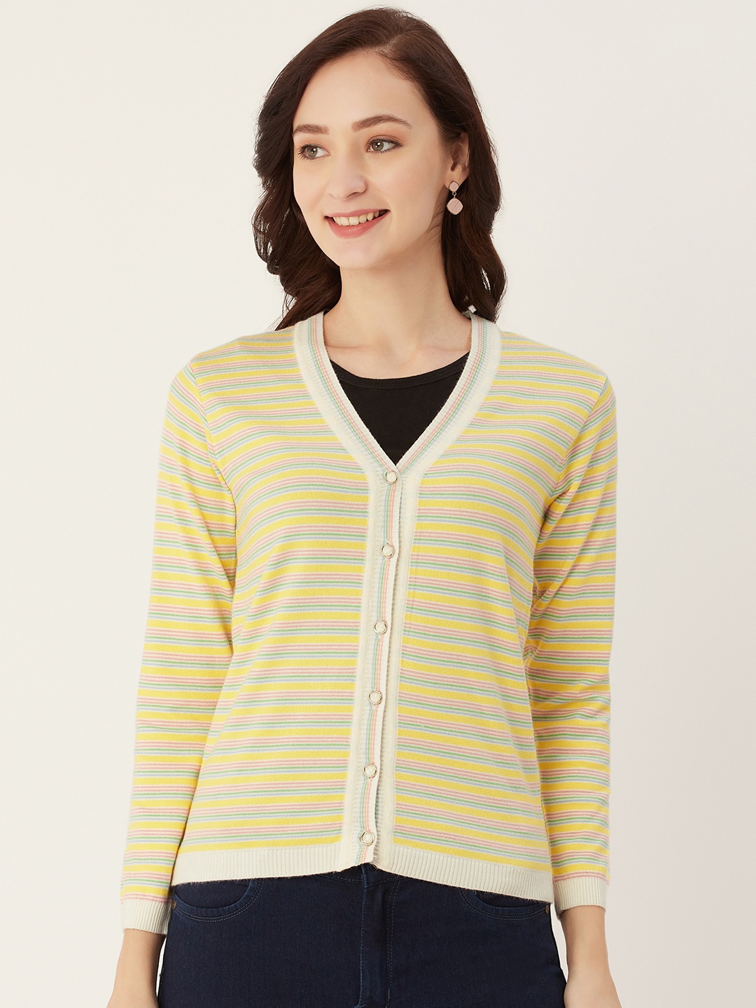 

Monte Carlo Women Yellow & Pink Striped Cardigan