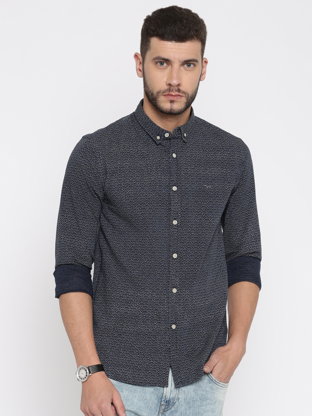 

Flying Machine Men Navy Blue Printed Casual Shirt