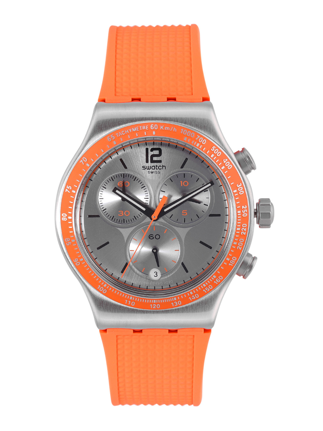 

Swatch Men Silver-Toned Swiss Made Water Resistant Tachymeter Watch YVS483, Grey