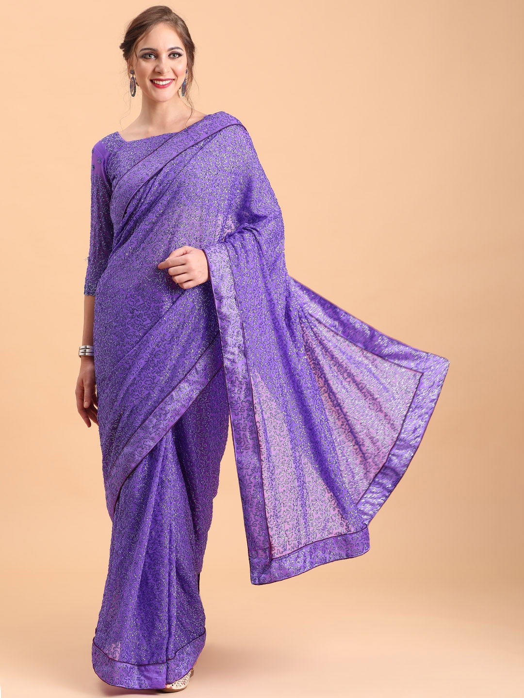 

Sangria Violet Paisley Sequinned Pure Georgette Saree