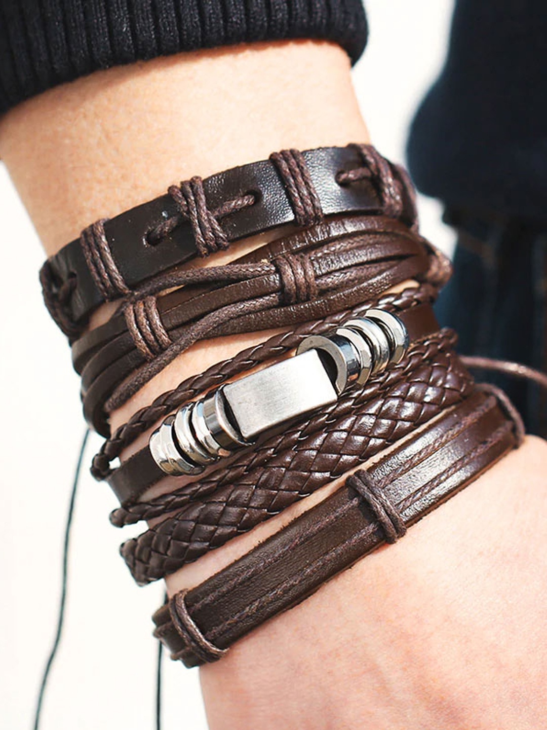 

Shining Diva Fashion Men Set of 5 Brown Silver-Toned Leather Silver-Plated Multistrand Bracelet