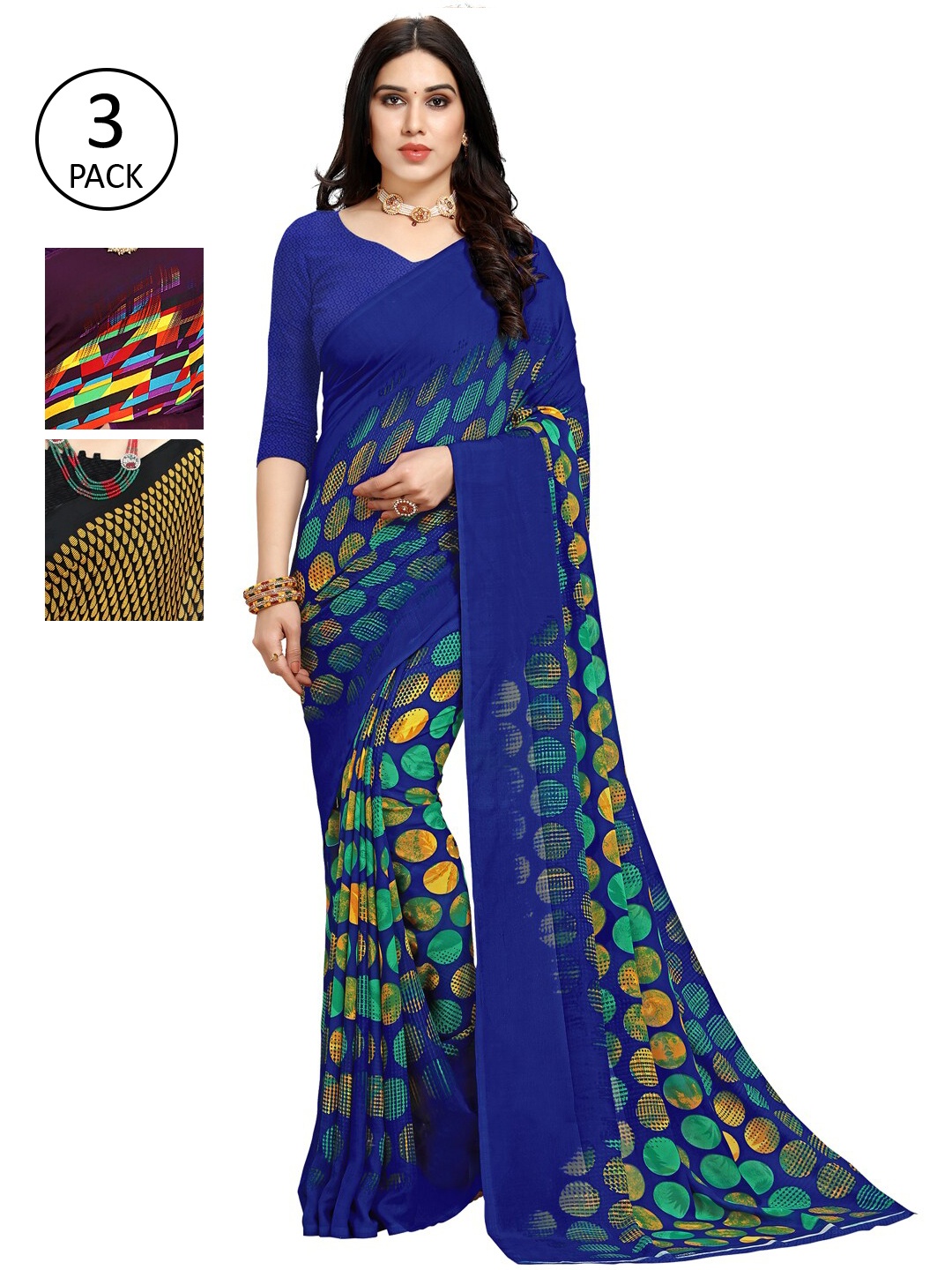 

KALINI Pack Of 3 Printed Saree, Blue