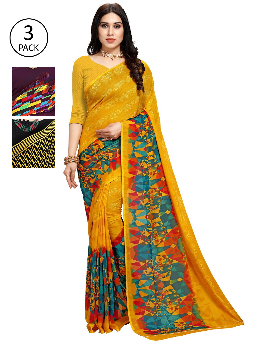 

KALINI Pack Of 3 Multicoloured Printed Sarees, Multi