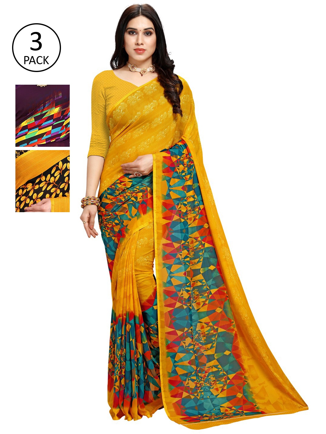 

KALINI Pack Of 3 Printed Saree, Yellow