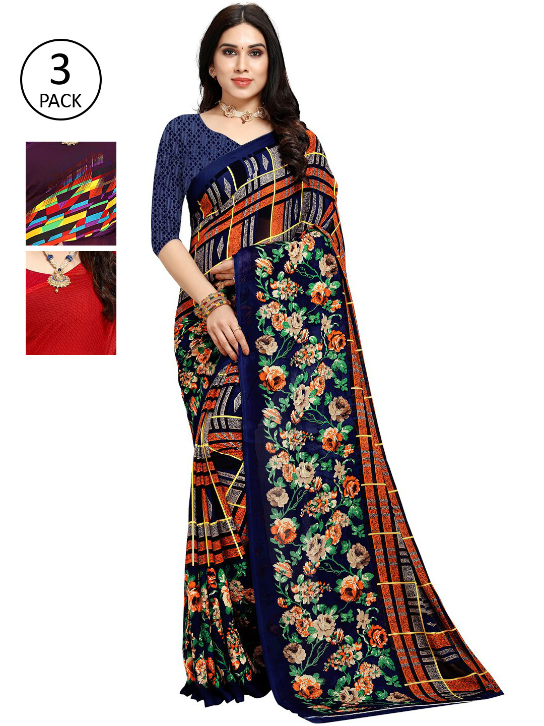 

KALINI Pack Of 3 Printed Sarees, Navy blue
