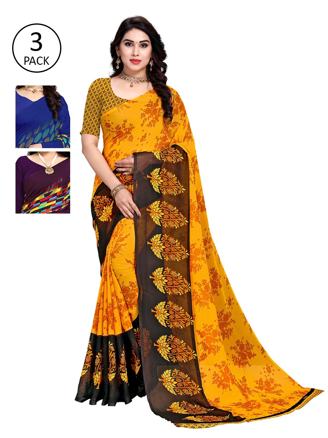 

KALINI Pack Of 3 Printed Saree, Purple