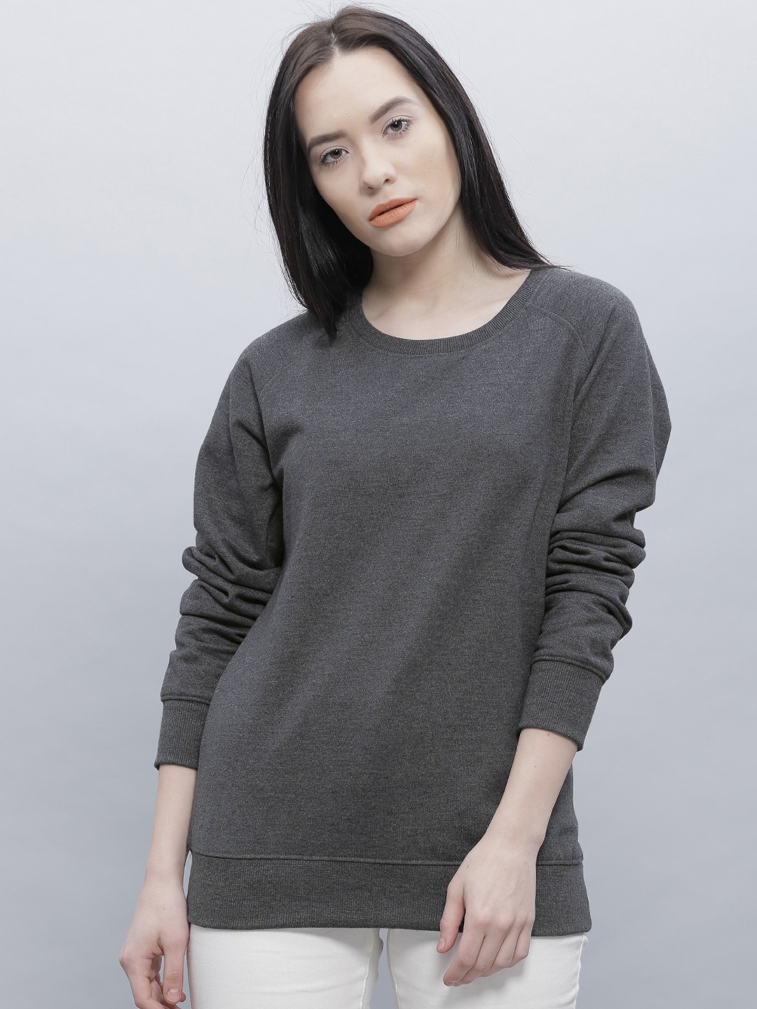 

ether Women Charcoal Grey Solid Pullover Sweatshirt