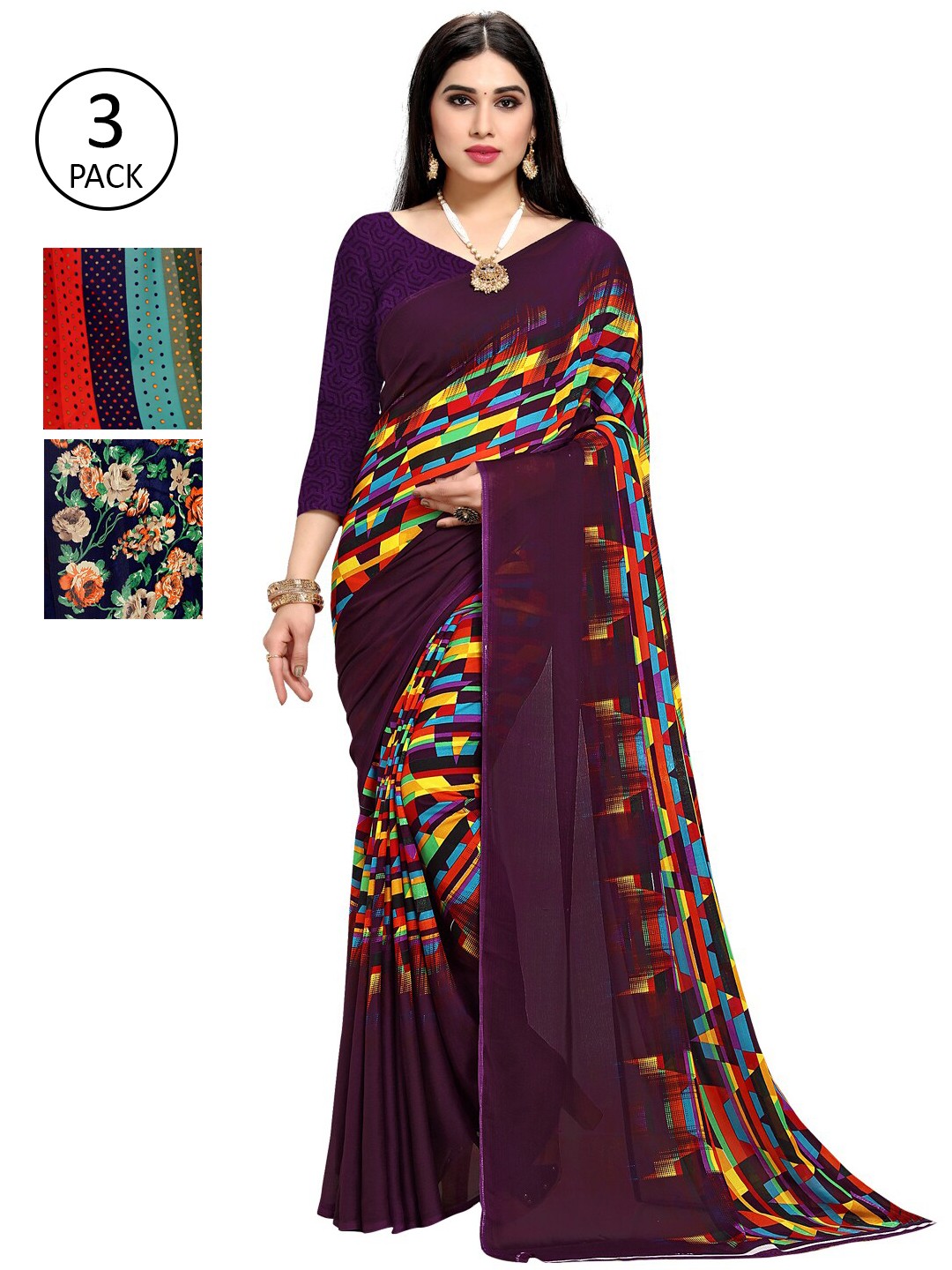 

KALINI Pack Of 3 Printed Saree, Purple