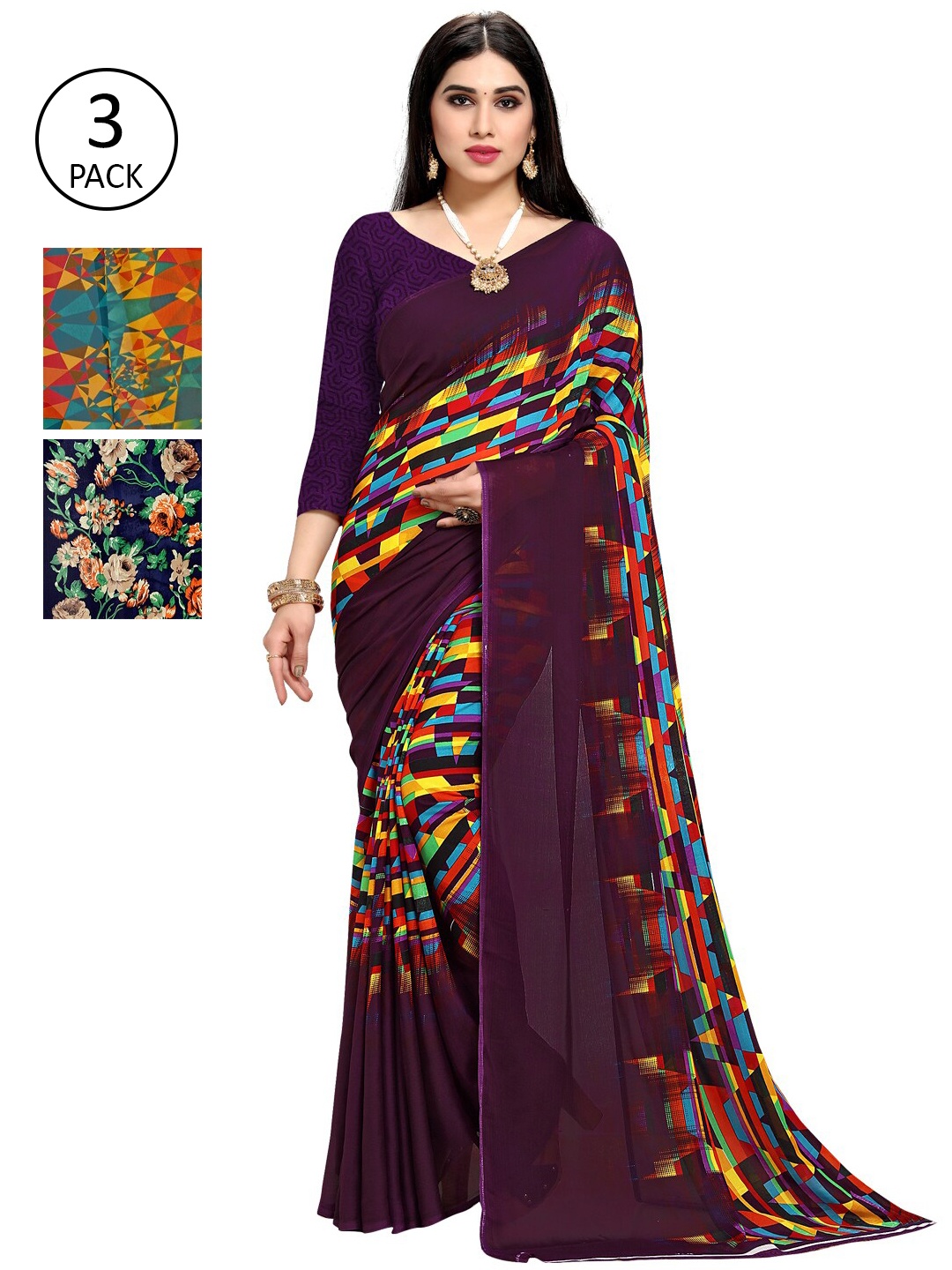 

KALINI Pack Of 3 Printed Sarees, Purple