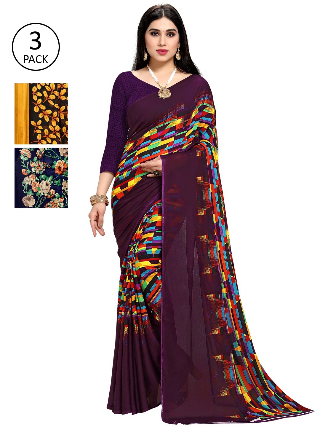 

KALINI Pack Of 3 Printed Saree, Purple