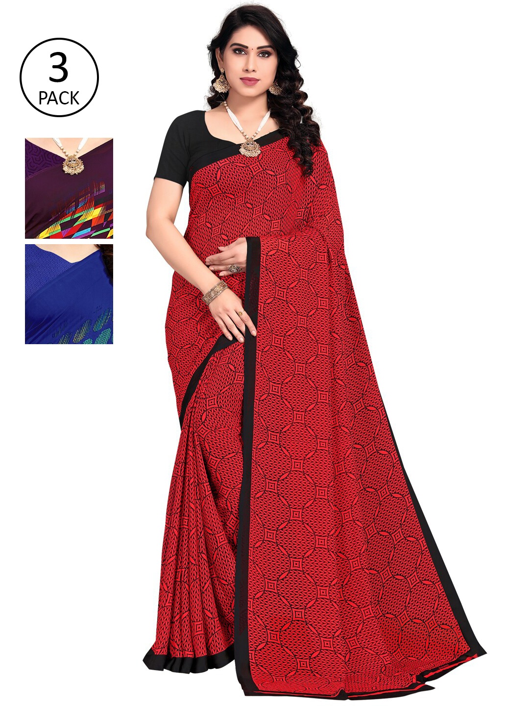 

KALINI Pack Of 3 Printed Saree, Blue