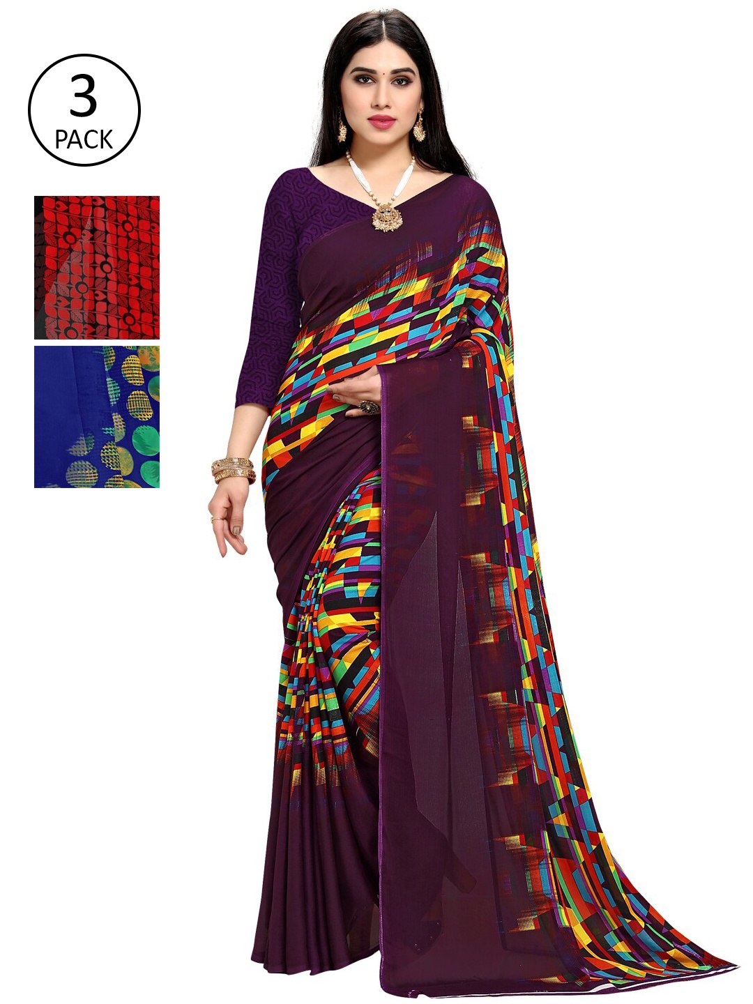 

KALINI Pack Of 3 Printed Saree, Purple